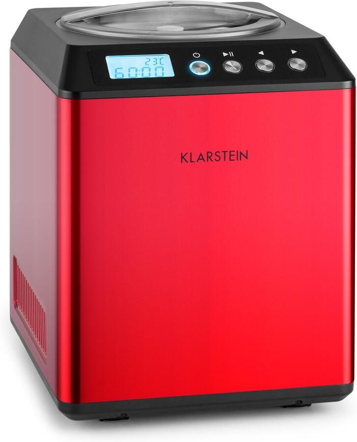 Klarstein Roomijsmachine Vanilla Sky met Compressor 2L 180W IJsbereider voor LCD-Display Auto-Stop voor Thuis voor Feest Edelstaal RVS Zilver Rood Ice Cream Maker Softijsmachine