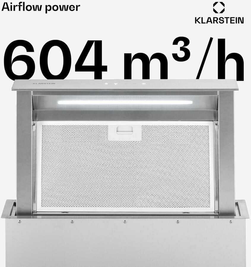 Klarstein Royal Flush Eco Downdraft afzuigkap 60 cm -Luchtafvoervermogen: max. 576 m³ h Energie-efficiëntieklasse A+ Touch-To-Slide bedieningspaneel LED strip Roestvrij staal
