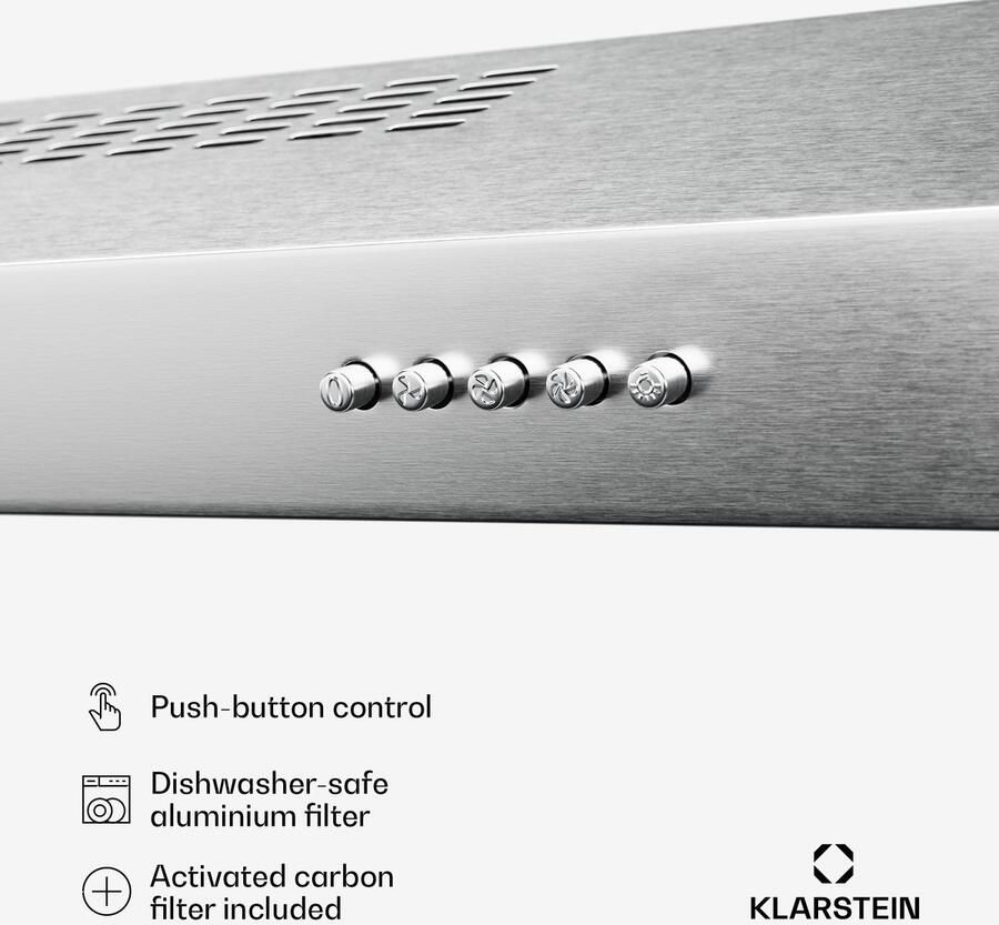 Klarstein SlimVent afzuigkap voor onder de kast 60 cm ruimtebesparende afzuigkap 178 m³ u luchtstroom energie-efficiëntie A+ geluidsarm 62 dB LED-verlichting koolstoffilter vaatwasmachinebestendige filters zilver