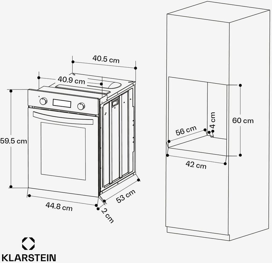 Klarstein SmartSlim Inbouwoven – 45 cm 49 L 9 functies stoomreiniging afneembare glazen deur energieklasse A zwart glas digitale timer inbouwoven