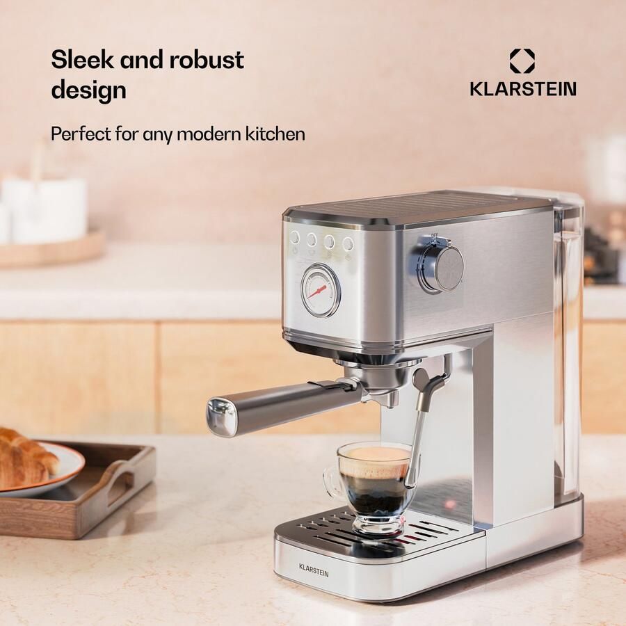 Klarstein SteelPresso Slim Zeefdragermachine – 20 bar 1350W 1 2L watertank Stoompijpje Roestvrijstalen behuizing Compact Eenvoudige bediening Lichte reiniging Espressomachine Roestvrij staal