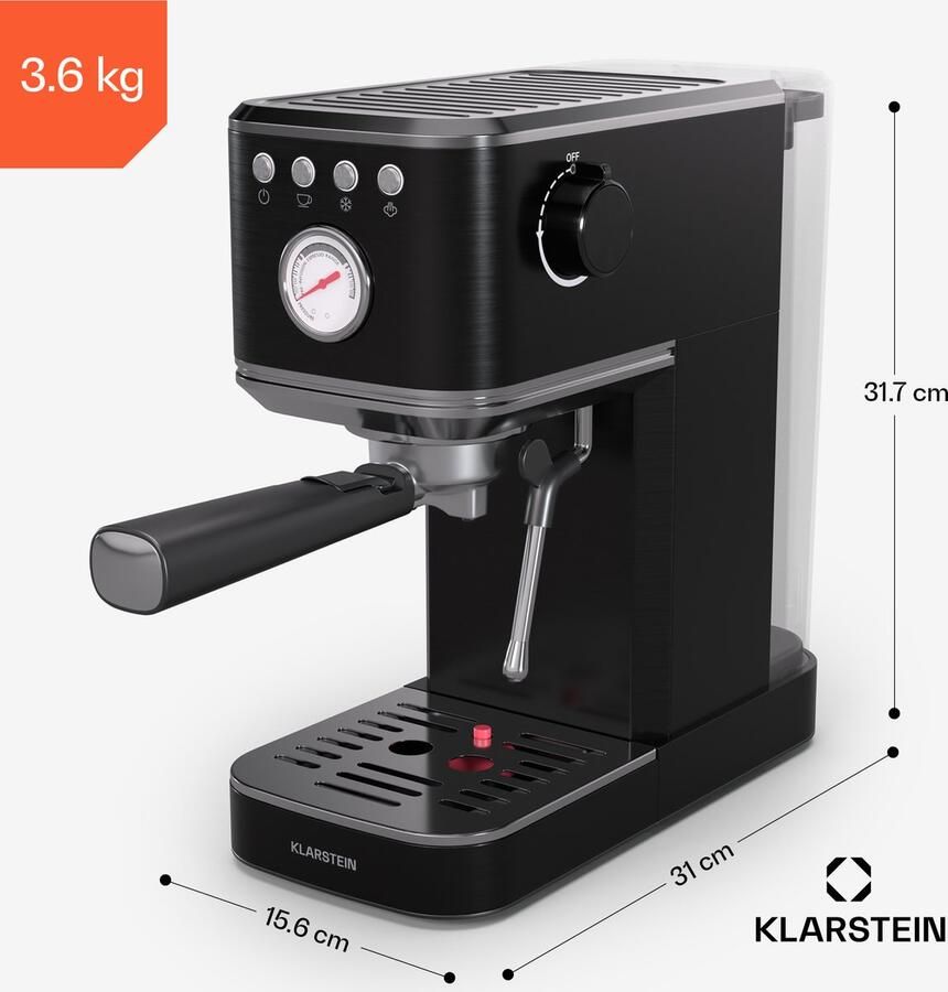 Klarstein SteelPresso Slim Zeefdragermachine – 20 bar 1350W 1 2L watertank Stoompijpje Roestvrijstalen behuizing Compact Eenvoudige bediening Lichte reiniging Espressomachine Zwart