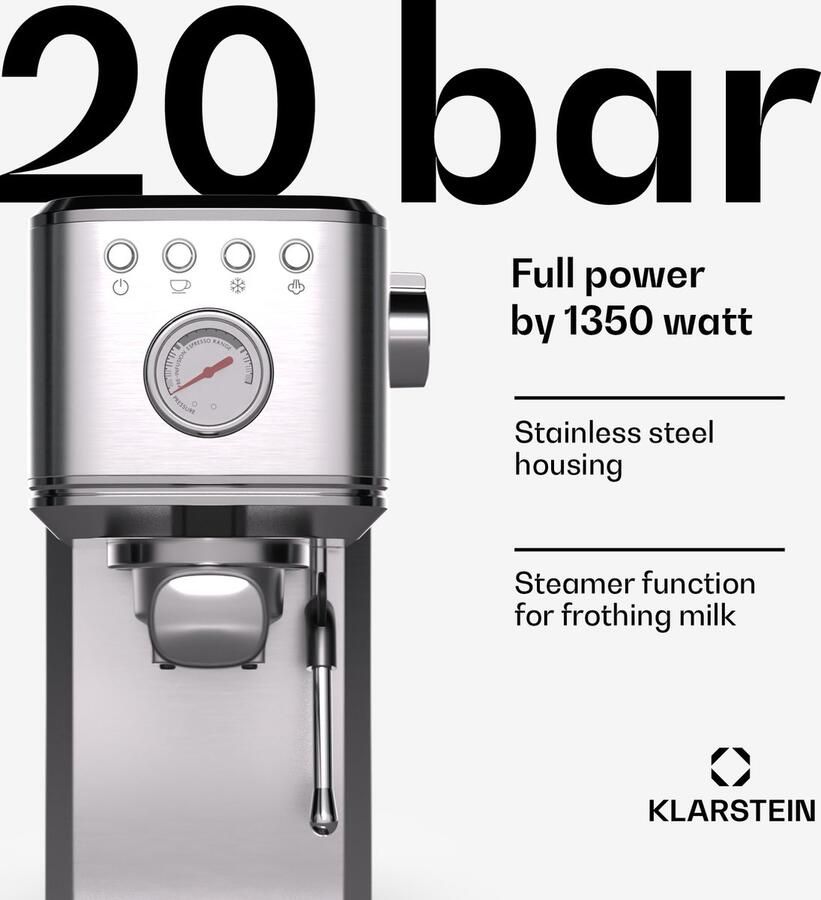 Klarstein Steelpresso Touch Slim Portafilterapparaat 20 Bar 1350 W 1.2 Liter waterreservoir Stoompijpje Roestvrij Staal Compact Zilver