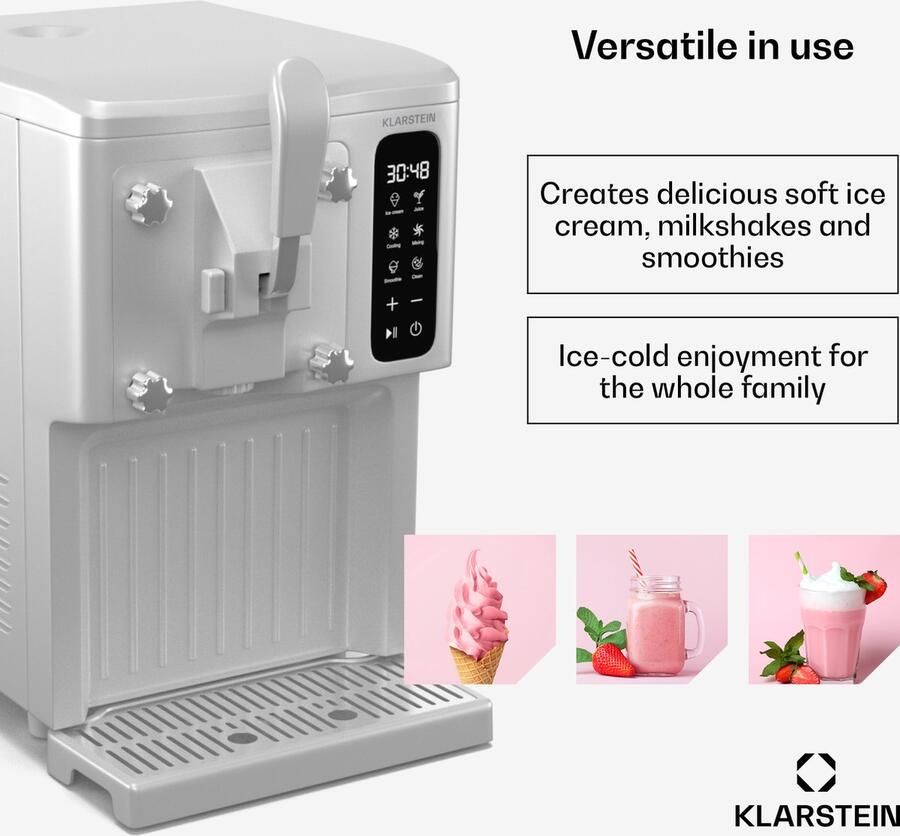 Klarstein Sweet Sundae ijsmachine 3-in-1 voor ijs milkshakes en smoothies 1 5 liter tank touchscreen koelstand reinigingsfunctie wit voor Feest Snel Display Ice Maker Ice Cube Maker IJsmaker IJsblokjesmaker