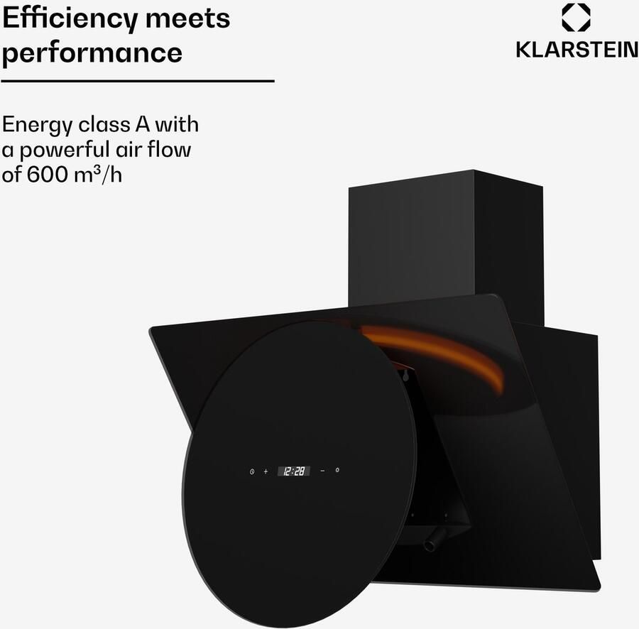 Klarstein Total Eclipse Afzuigkap 60 cm schuine afzuigkap LED-verlichting 3000 K-6500 K 600 m³ u Touch-bediening Energie-efficiëntie A 57 dB Recirculatie & afvoer Zwart