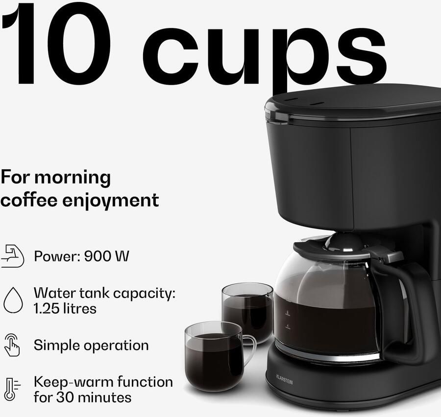 Klarstein Velaire Filterkoffiezetapparaat – Moderne koffiezetter 1 25 L voor tot 10 kopjes 900 W snelle bereiding warmhoudfunctie 30 min één-knop bediening