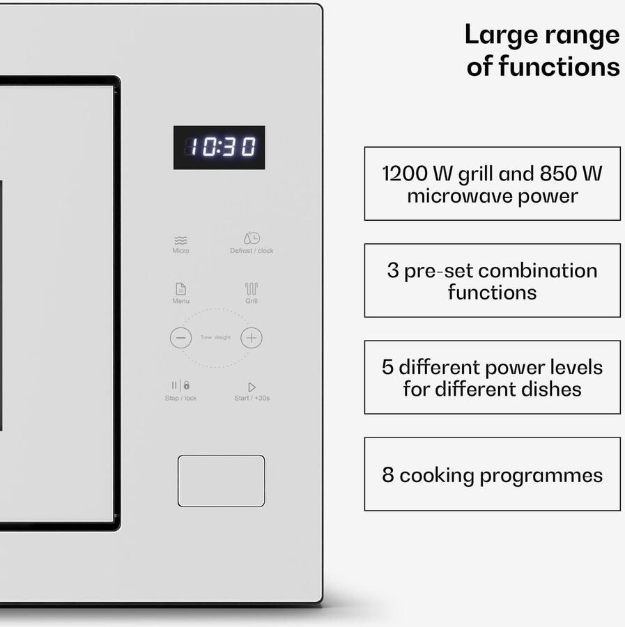 Klarstein Velaire inbouwmagnetron met grill – 25 l 850 W magnetron & 1200 W grill 8 programma's touchbediening roestvrij staal inbouwmagnetron wit - Foto 3
