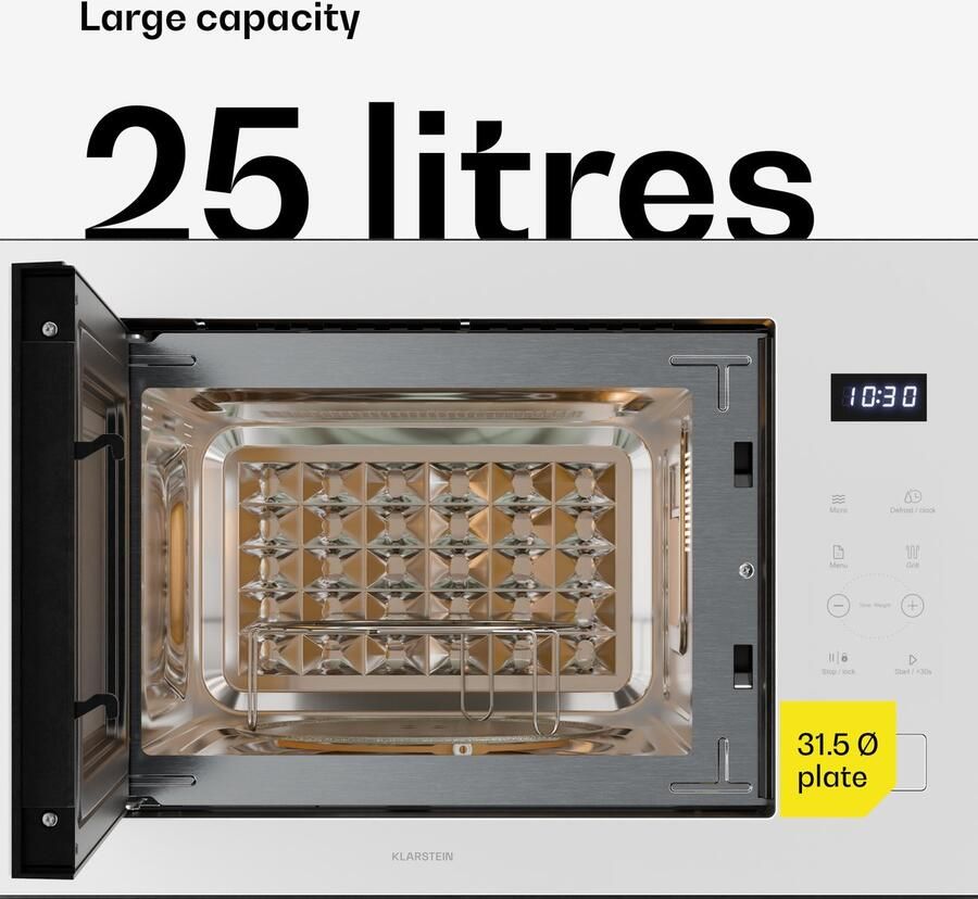 Klarstein Velaire inbouwmagnetron met grill – 25 l 850 W magnetron & 1200 W grill 8 programma's touchbediening roestvrij staal inbouwmagnetron wit - Foto 6