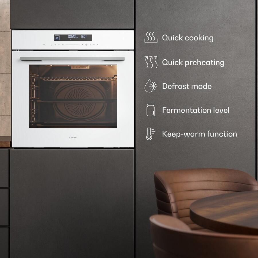 Klarstein Velaire inbouwoven 74 l elektrische oven 13 standen touchbediening energieklasse A+ geëmailleerde binnenkant driedubbele beglazing geïntegreerde enkele oven 60 cm mat en glazen design wit