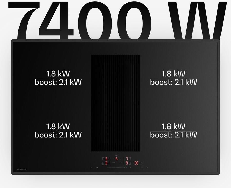 Klarstein Velaire inductiekookplaat met afzuiging 80 cm 4 zones 8400 W boost ingebouwde afzuiging touchbediening timer kinderslot pannenherkenning zwart glazen oppervlak
