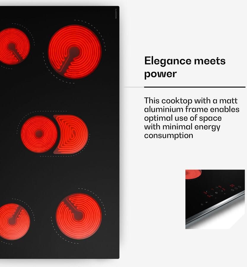Klarstein Verosteel 90 cm keramische kookplaat 5-pits elektrische kookplaat touchbediening 8400 W timer en kinderslot warmte-indicator makkelijk schoon te maken glazen oppervlak minimalistische kookplaat voor in de keuken