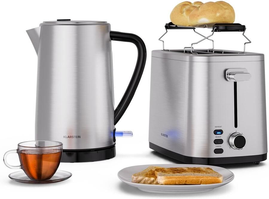 Klarstein Verosteel Essential ontbijtset roestvrijstalen broodrooster voor 2 sneetjes met 7 bruiningsstanden broodjeshouder uitneembare kruimellade en 1 7 l waterkoker met kalkfilter
