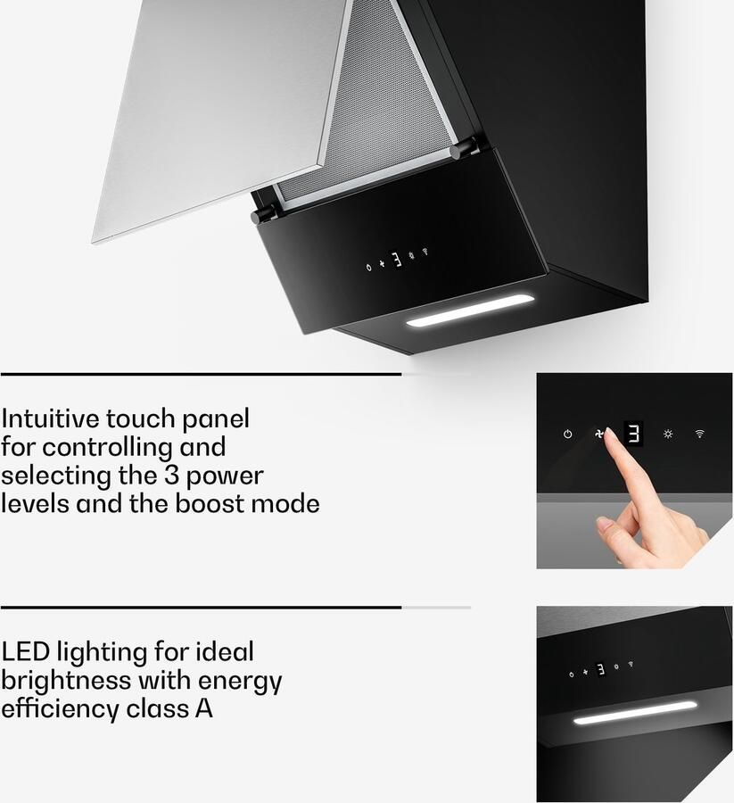 Klarstein Verosteel Hoekafzuigkap 45 cm 624 m³ u A++ energieklasse touchbediening ledverlichting stil roestvrij staal en glas afvoer recirculatie afzuigkap - Foto 3