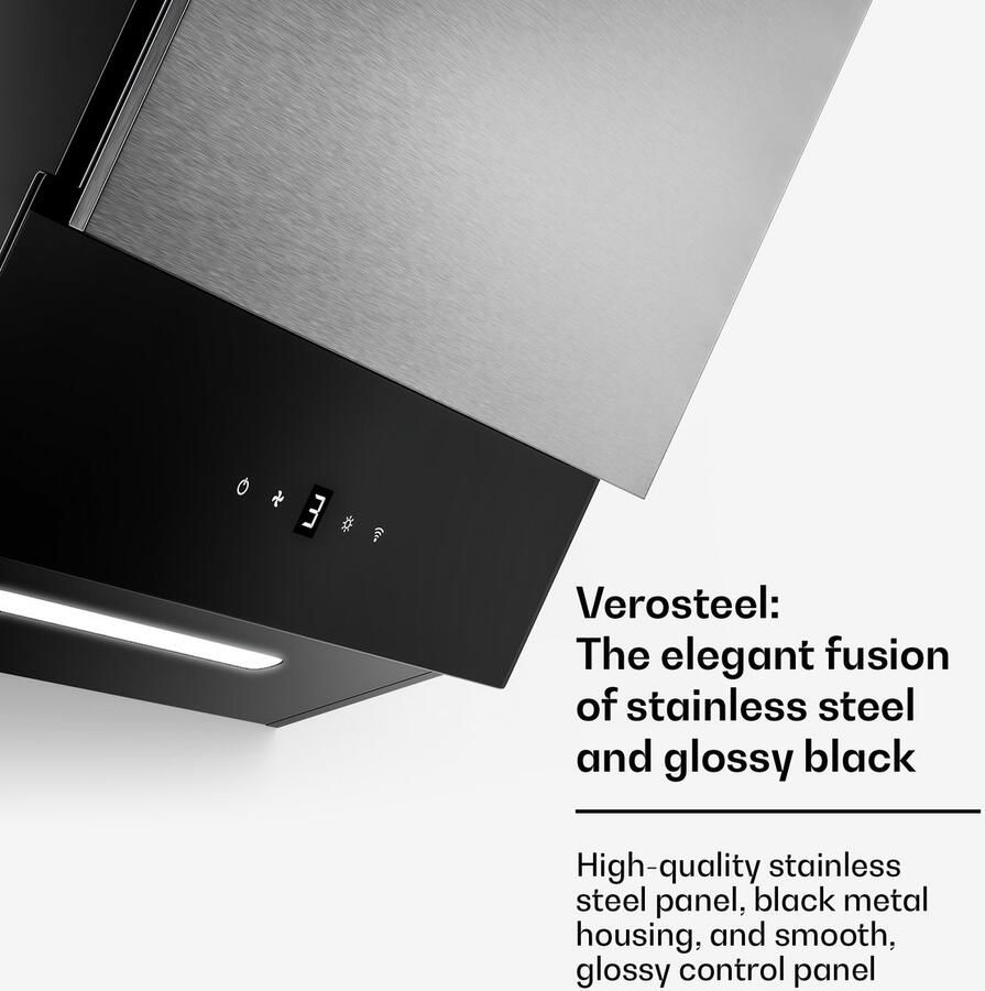 Klarstein Verosteel Hoekafzuigkap 45 cm 624 m³ u A++ energieklasse touchbediening ledverlichting stil roestvrij staal en glas afvoer recirculatie afzuigkap - Foto 2