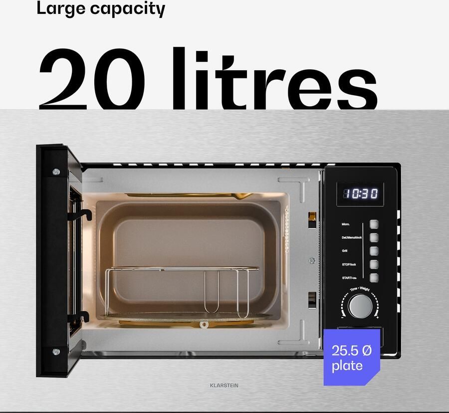 Klarstein Verosteel inbouwmagnetron met grill – 20 l 700 W magnetron & 800 W grill 8 programma's touchbediening roestvrij staal geïntegreerde magnetronoven