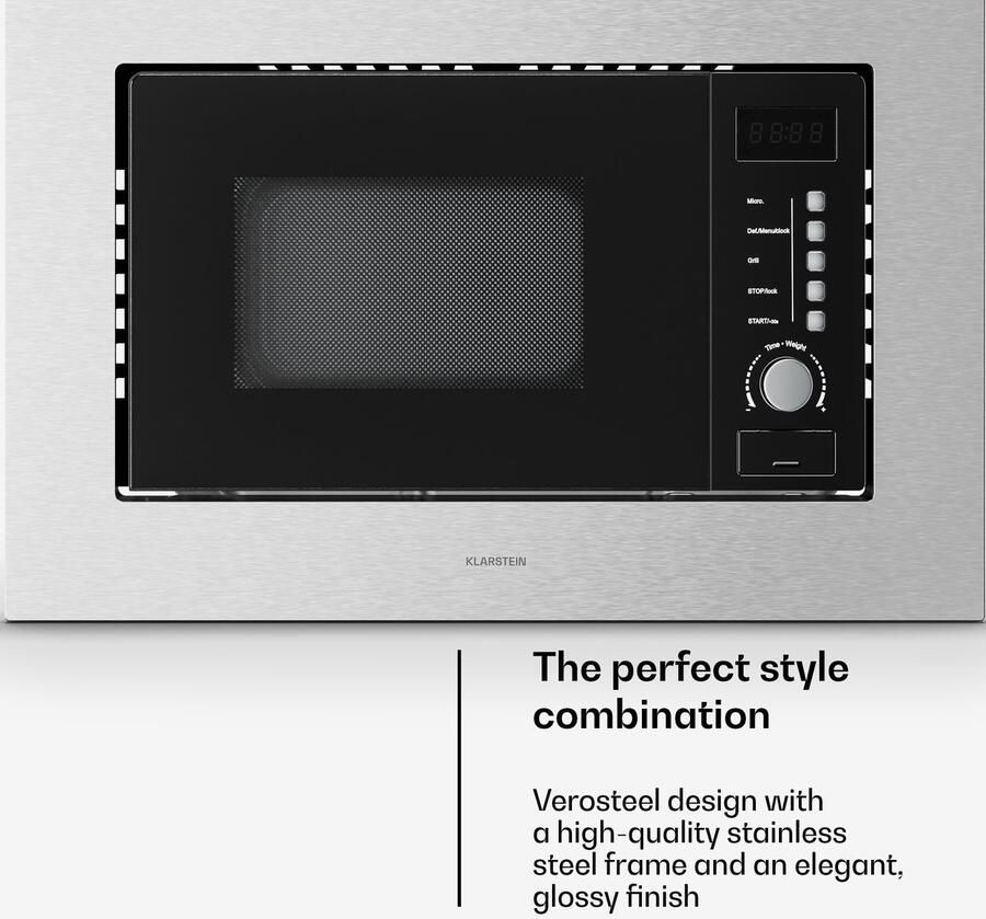 Klarstein Verosteel inbouwmagnetron met grill – 20 l 700 W magnetron & 800 W grill 8 programma's touchbediening roestvrij staal geïntegreerde magnetronoven