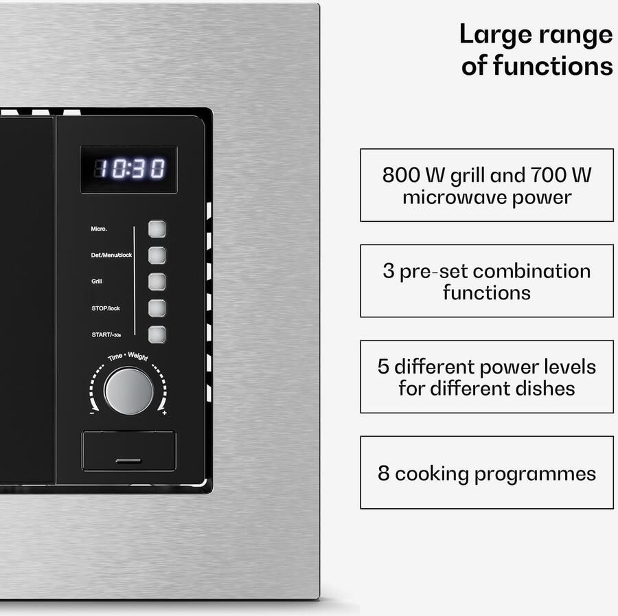 Klarstein Verosteel inbouwmagnetron met grill – 20 l 700 W magnetron & 800 W grill 8 programma's touchbediening roestvrij staal geïntegreerde magnetronoven