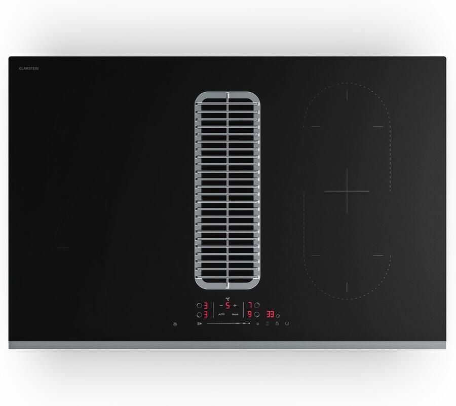 Klarstein Verosteel inductiekookplaat met afzuigkap 80 cm 4 zones 7400 W ingebouwde afzuigkap 590 m³ u touchbediening timer kinderslot pannenherkenning zwart glas