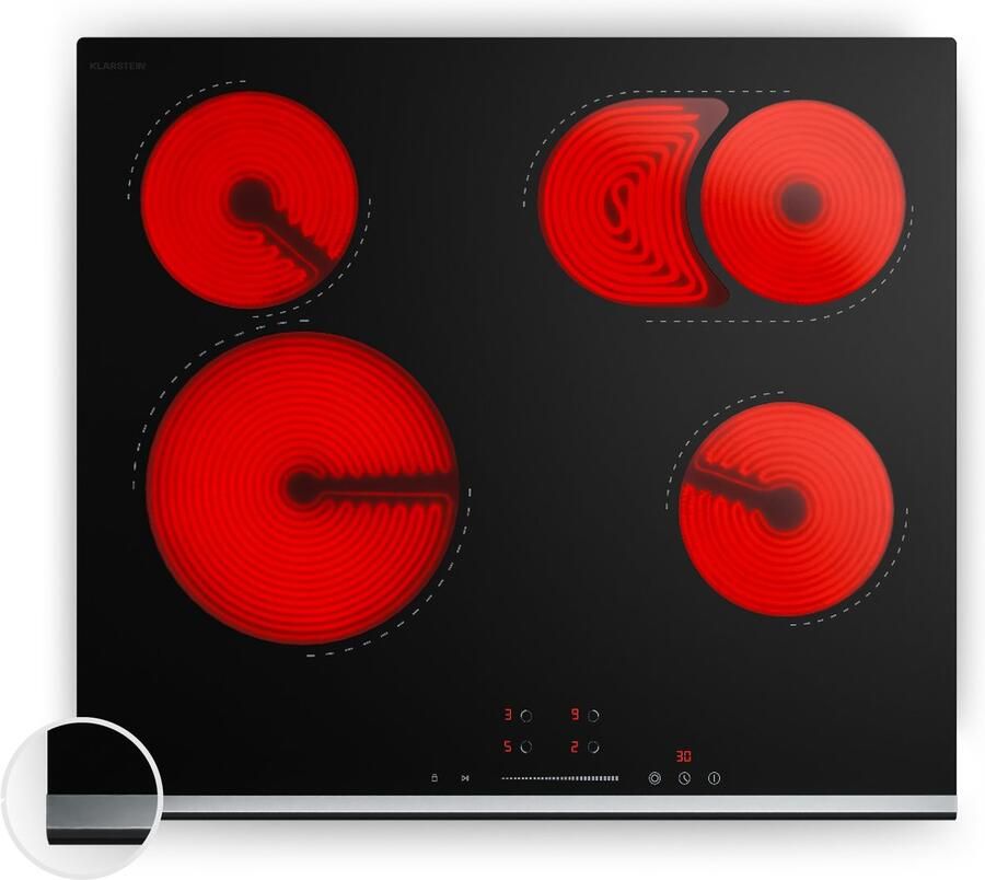 Klarstein Verosteel keramische kookplaat 60 cm 4-pits elektrische kookplaat met touchbediening dubbele en ovale zones 6600 W timer kinderslot en restwarmte-indicator makkelijk schoon te maken glazen oppervlak