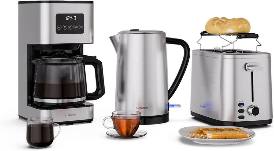 Klarstein Verosteel ontbijtset – broodrooster voor 2 sneetjes met 7 bruiningsstanden roestvrijstalen waterkoker van 1 7 liter filterkoffiezetapparaat voor 12 kopjes warmhoudfunctie broodrek glazen kan