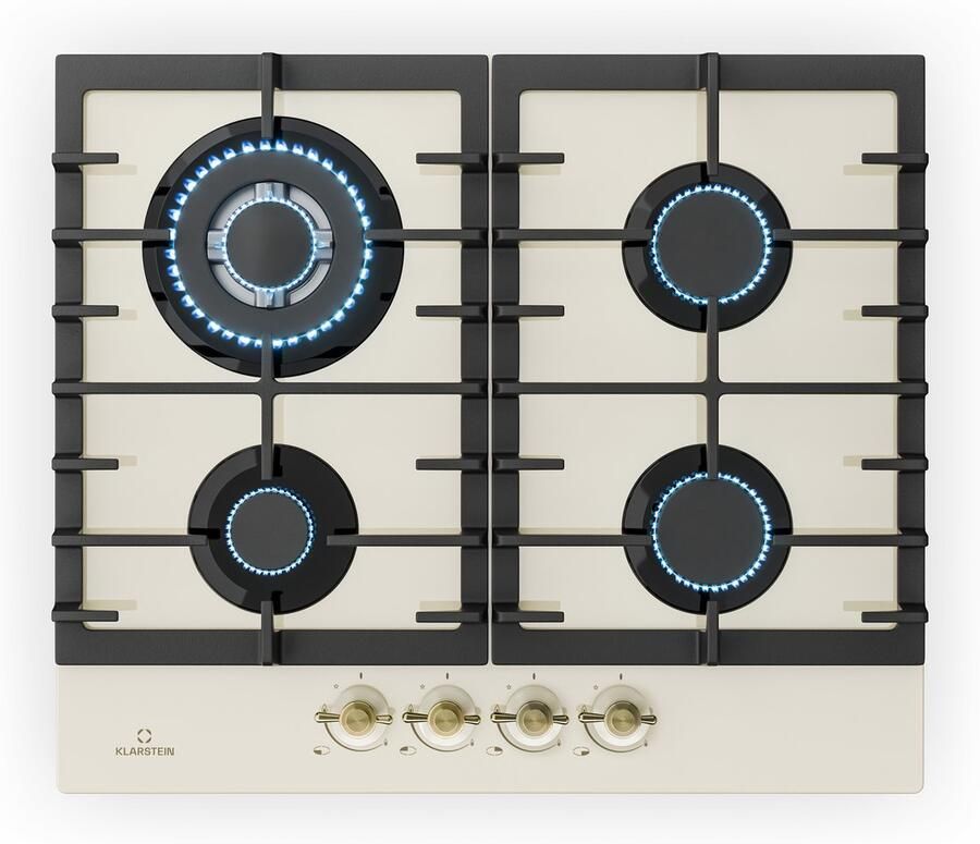 Klarstein Victoria 4 Zone Gaskookplaat 4 Pitten Glaskeramiek 4600 W Gemakkelijk Te Reinigen Gelijkmatige Hitteverdeling Aardgas Propaangas Veiligheidsventiel Elektrische Ontsteking Milieubeschermende Efficiëntie- Retrolook Ivoor