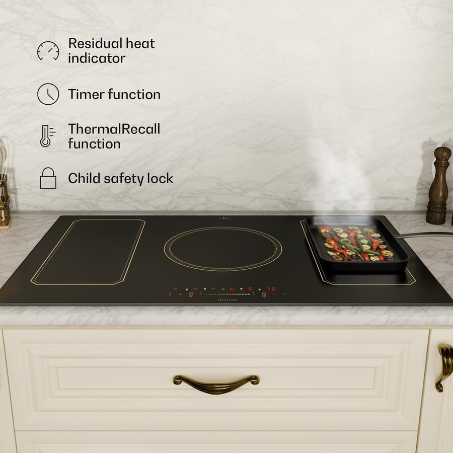 Klarstein Victoria 5 Flex Inductiekookplaat Flexzonetechniek Inbouwkookplaat 90 Cm 5 Zones 2 Flexvelden Grote Kookzone Met 28 Cm Ø 7400 Watt Booster Temperatuuropslag Timer Energiezuinig Glaskeramiek Zwart - Foto 2