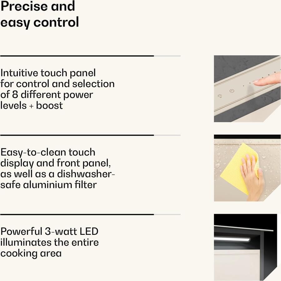 Klarstein Victoria Downdraft-afzuigkap A++ energie-efficiëntie 714 m³ u luchtstroom Fluisterstil 52 dB Touchscreen-bediening Vaatwasserbestendige filters LED-verlichting Crème
