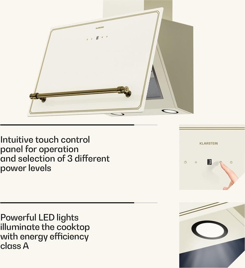 Klarstein Victoria Dunstabzugshaube 60 cm Abzugshaube Küche 400 m³ h Luftstrom A++ Energieeffizienz Touch Bedienfeld LED Dunstabzugshaube Leise 52 dB Creme & Gold – geschikt voor thuisfitness en sportschoolgebruik duurzame constructie eenvoud - Foto 4