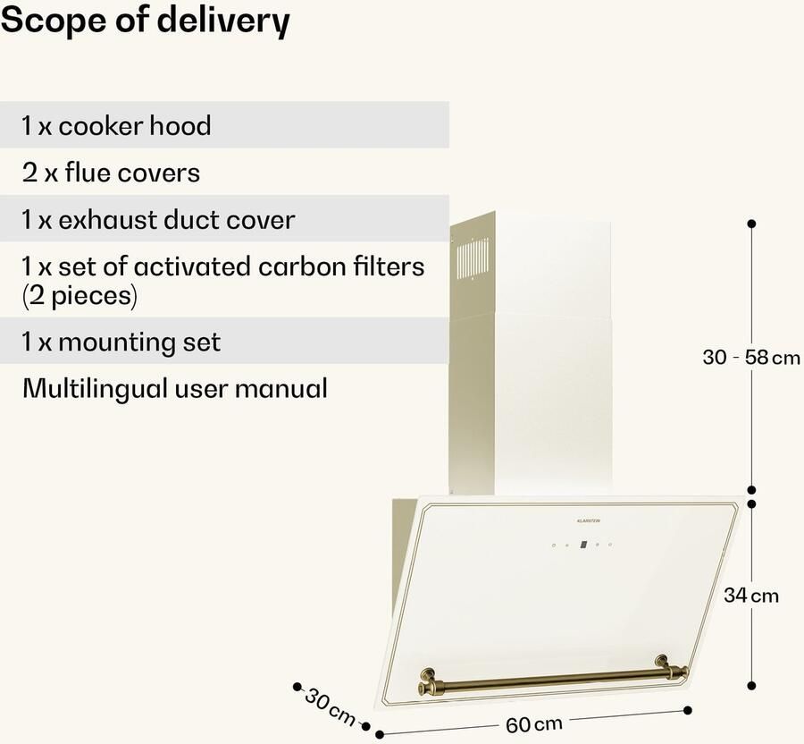 Klarstein Victoria Dunstabzugshaube 60 cm Abzugshaube Küche 400 m³ h Luftstrom A++ Energieeffizienz Touch Bedienfeld LED Dunstabzugshaube Leise 52 dB Creme & Gold – geschikt voor thuisfitness en sportschoolgebruik duurzame constructie eenvoud - Foto 4