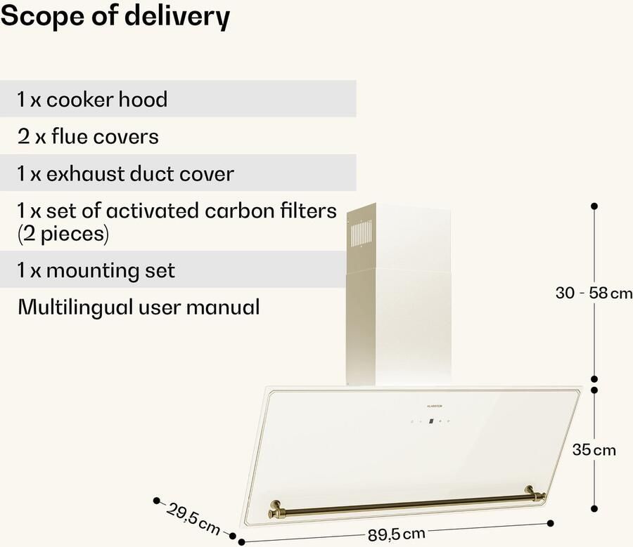Klarstein Victoria Dunstabzugshaube 90 cm Abzugshaube Touch Bedienfeld 400 m³ h Luftstrom A++ Energieeffizienz LED Beleuchtung Leise 52 dB Creme & Gold Abluft & Umluft – geschikt voor thuisfitness en sportschoolgebruik duurzame constructie e - Foto 3