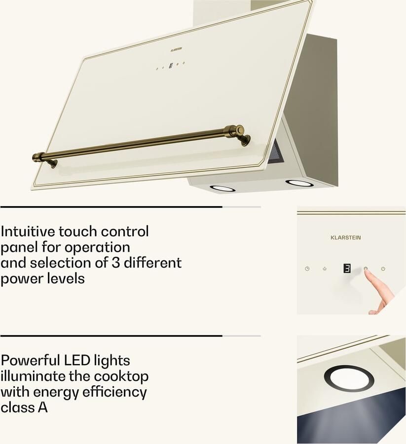 Klarstein Victoria Dunstabzugshaube 90 cm Abzugshaube Touch Bedienfeld 400 m³ h Luftstrom A++ Energieeffizienz LED Beleuchtung Leise 52 dB Creme & Gold Abluft & Umluft – geschikt voor thuisfitness en sportschoolgebruik duurzame constructie e - Foto 2