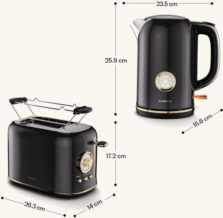 Klarstein Victoria Essential ontbijtset retro broodrooster voor 2 sneetjes met 7 bruiningsstanden broodjeshouder uitneembare kruimellade 1 7 l waterkoker met kalkfilter automatische uitschakeling zwart - Foto 2