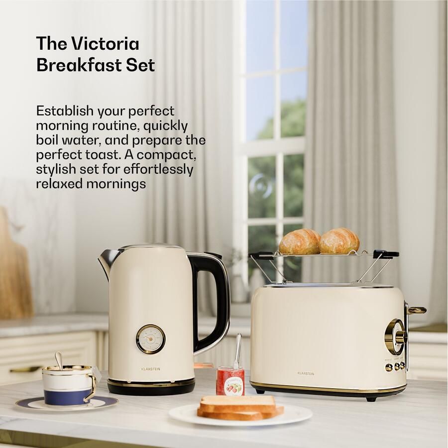 Klarstein Victoria Essential ontbijtset Retro broodrooster voor 2 sneetjes met 7 bruiningsstanden broodroosterhouder uitneembare kruimellade 1 7 l waterkoker met kalkfilter automatische uitschakeling crème - Foto 2