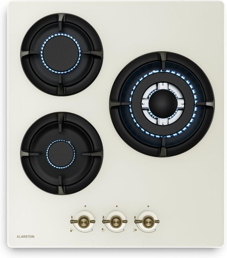 Klarstein Victoria gasfornuis 3 branders 6050 W 45 cm glazen kookplaat geschikt voor LPG en aardgas retro design elektrische ontsteking vlambeveiliging slang- en regelaarset crème