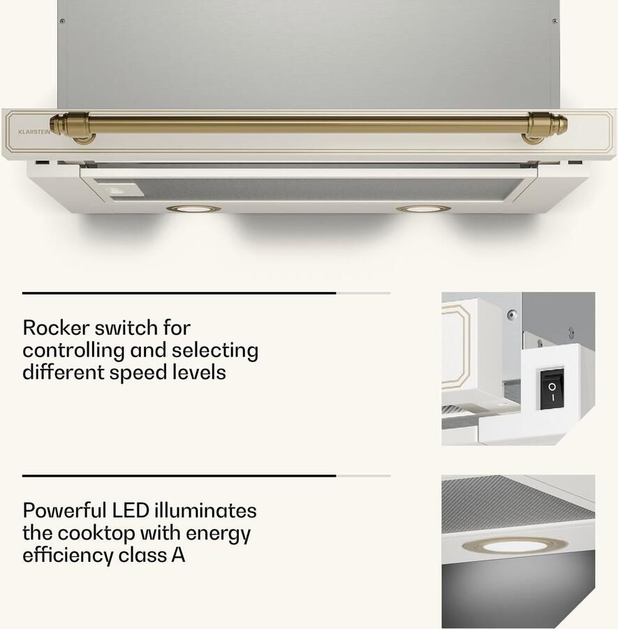 Klarstein Victoria geïntegreerde afzuigkap 60 cm retro onderbouwkap 358 m³ u luchtstroom energieklasse A++ ledverlichting DC-motor koolstoffilters tuimelschakelaars afzuigventilator voor de keuken crème - Foto 4