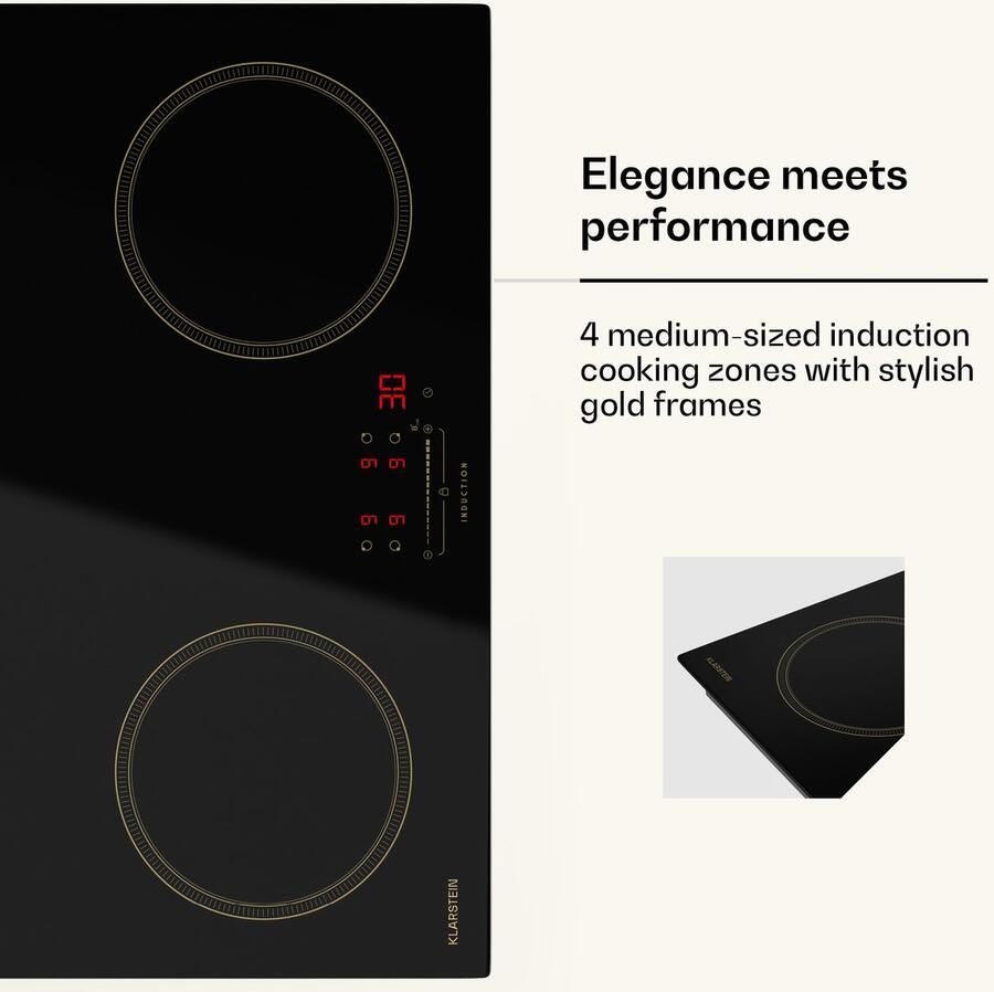 Klarstein Victoria inductiekookplaat – 4-zone inbouw inductiekookplaat 7.000 W met boosters schuifregelaar en timer kinderslot zwart design van 59 cm