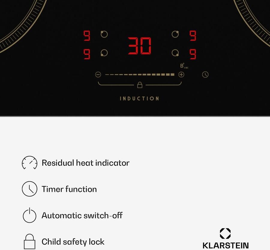 Klarstein Victoria inductiekookplaat – 4-zone inbouw inductiekookplaat 7.000 W met boosters schuifregelaar en timer kinderslot zwart design van 59 cm - Foto 2
