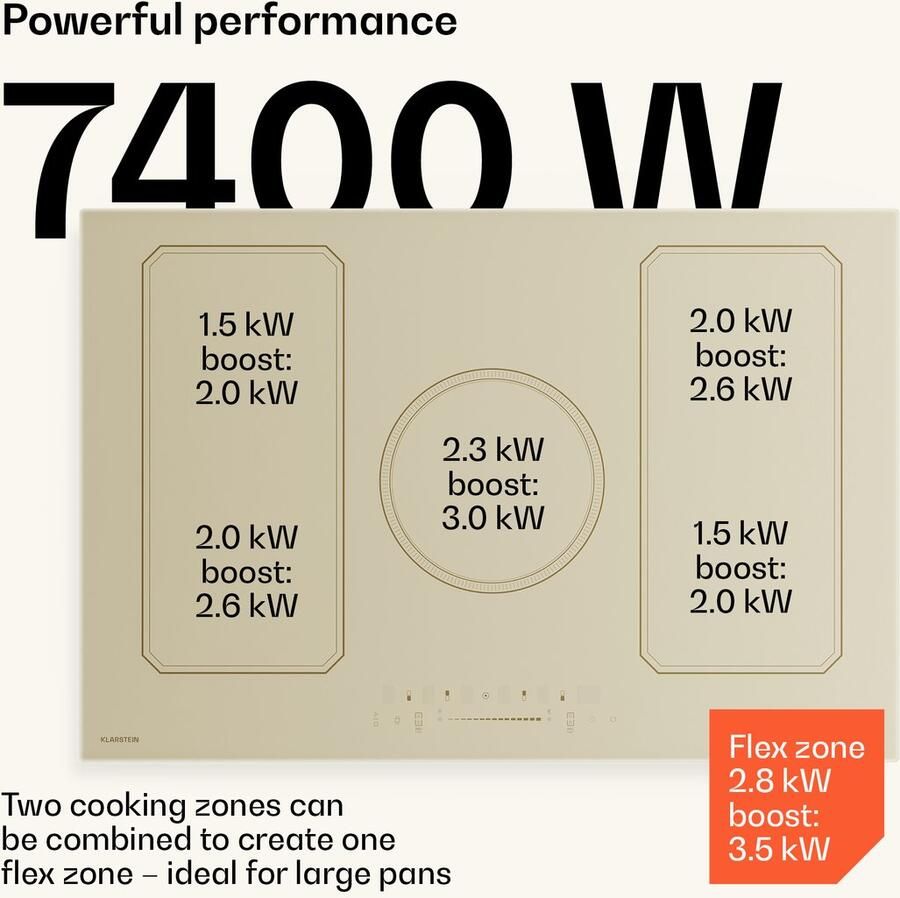 Klarstein Victoria inductiekookplaat 77 cm inbouw 5 zones en 2 flexzones 11500 W boost schuifregelaar timer kinderslot retro design restwarmte-indicator