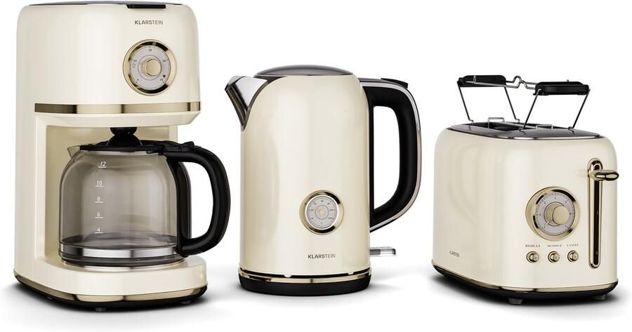 Klarstein Victoria ontbijtset – broodrooster voor 2 sneetjes met 7 bruiningsstanden waterkoker van 1 7 liter filterkoffiezetapparaat voor 12 kopjes roestvrij staal retro design broodjeshouder warmhoudfunctie roomkan