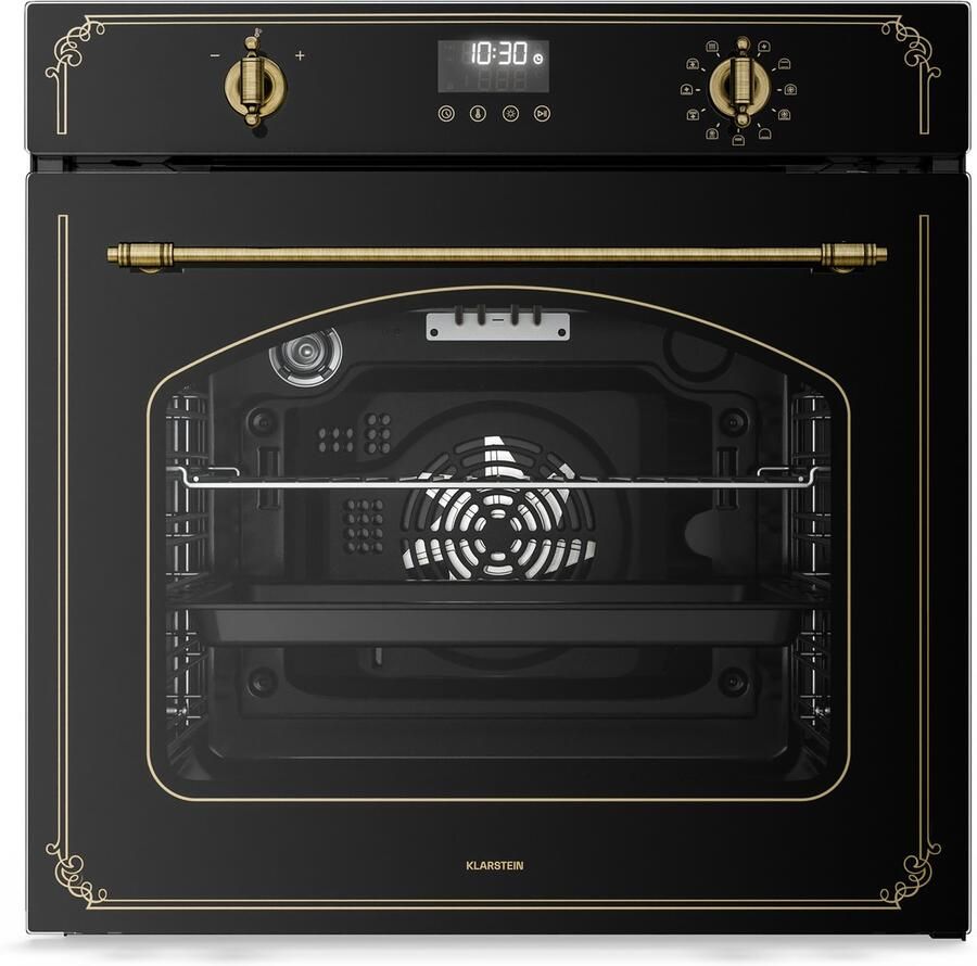 Klarstein Victoria Pyro elektrische oven 76 liter inbouwoven retro design 11 standen pyrolytische reiniging geëmailleerde binnenkant viervoudige beglazing energieklasse A geïntegreerde enkele oven zwart