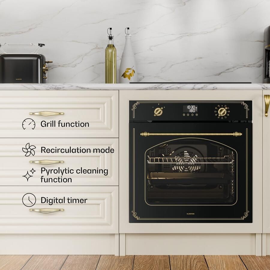 Klarstein Victoria Pyro elektrische oven 76 liter inbouwoven retro design 11 standen pyrolytische reiniging geëmailleerde binnenkant viervoudige beglazing energieklasse A geïntegreerde enkele oven zwart - Foto 2