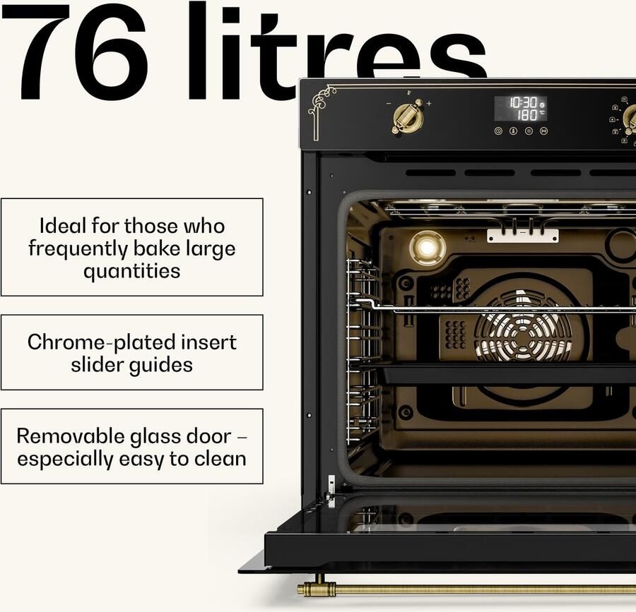 Klarstein Inbouwoven Victoria Pyro elektrische oven 76 liter retro design 11 standen pyrolytische reiniging geëmailleerde binnenkant viervoudige beglazing energieklasse A geïntegreerde enkele oven zwart voor Keuken Pyrolyse - Foto 4