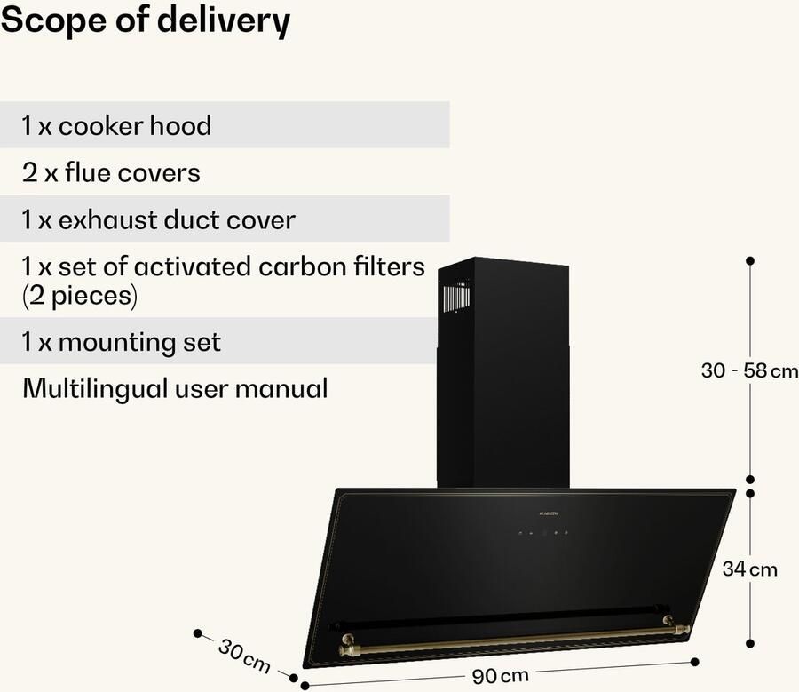 Klarstein Victoria schuine afzuigkap 90 cm 400 m³ h luchtdebiet