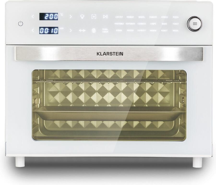 Klarstein Vigor Air heteluchtfriteuse Vermogen: 1800 watt Volume: 30 liter Temperatuur: 30 tot 230 °C 18 programma's Boven- en onderwarmte Touchscreen incl. accessoiresset Wit