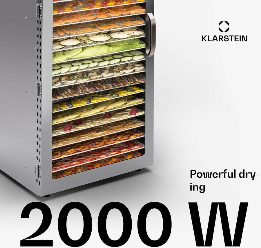 Klarstein voedseldroger droogautomaat voor groente fruit paddenstoelen en vlees 2000 W rvs dehydrator voedseldroger met 20 metalen roosters droogautomaat met 24h timer & touch display food dehydrator voor Fruit voor Vlees