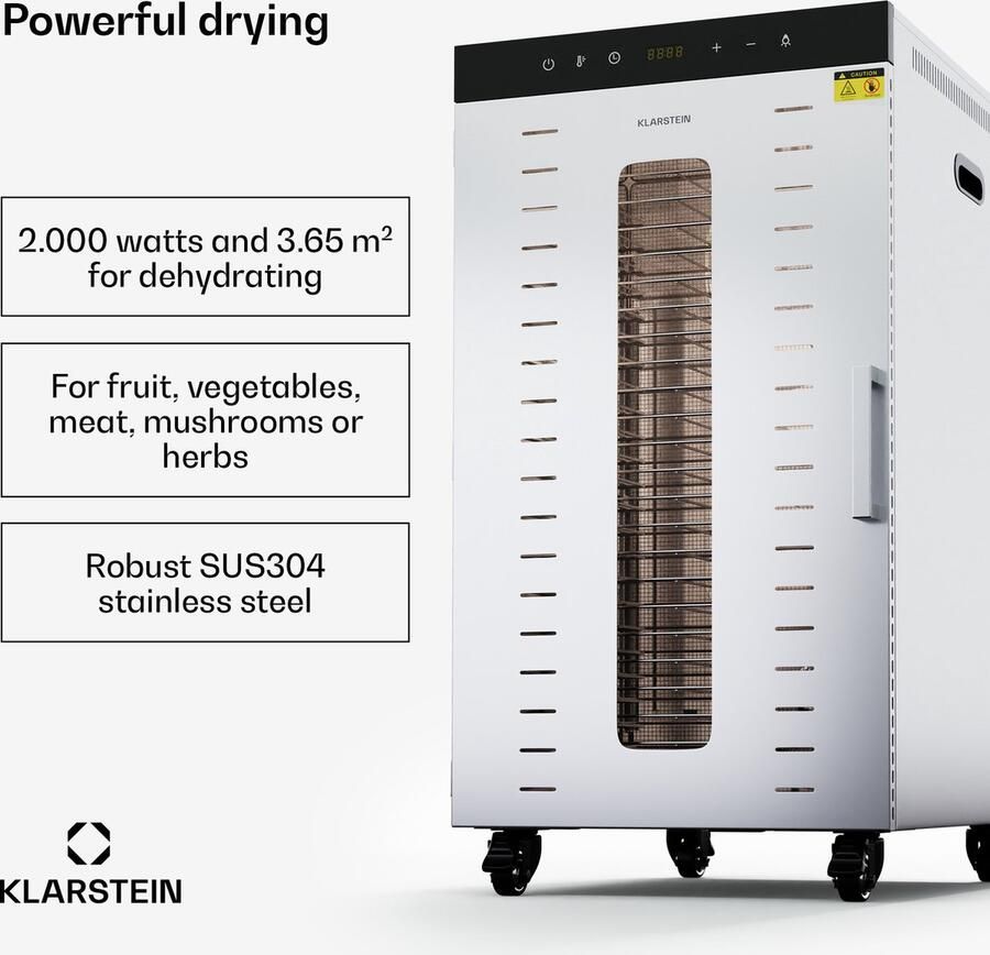 Klarstein Voedseldroger krachtige commercial food dehydrator broodrooster keukenmachine veel plaats gemakkelijk te gebruiken & schoon te maken gezond veilig drogen 2000W voor Fruit voor Vlees Timer Temperatuurregeling RVS