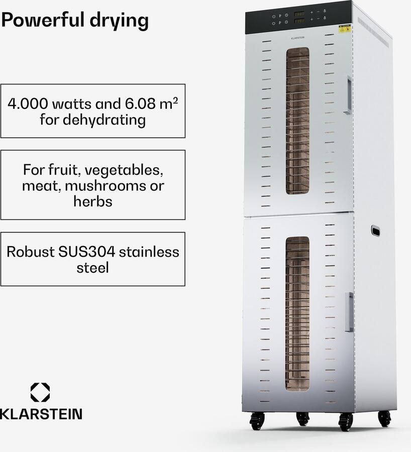 Klarstein Dörrautomat Edelstahl – 4.000 W Dörrgerät 40 Edelstahl Einlegeböden 2 Trockenkammern 30–90 °C 24 Stenen Timer 6 Ventilatoren 50–55 dB ideal voor Obst Gemüse Fleisch Silber – geschikt voor thuisfitness en sportschoolgebruik duurza