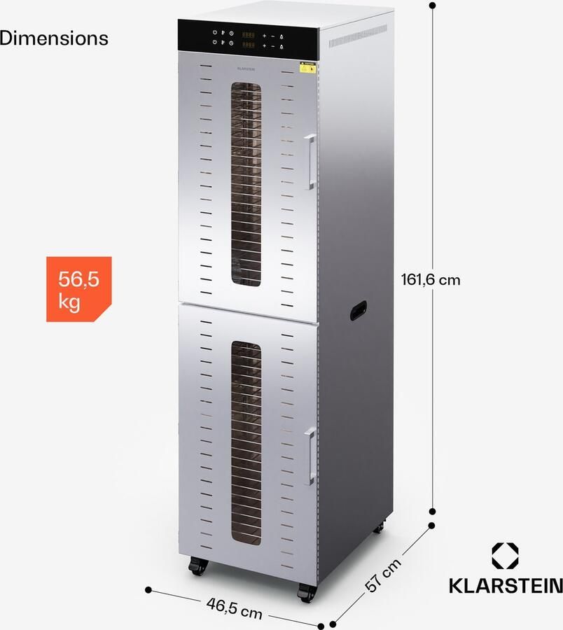 Klarstein Dörrautomat Edelstahl – 4.000 W Dörrgerät 48 Edelstahl Einlegeböden 30–90 °C 24 Stenen Timer 6 Ventilatoren 2 Trockenkammern 50–55 dB ideal voor Obst Gemüse Fleisch Kräuter Silber – geschikt voor thuisfitness en sportschoolgebrui