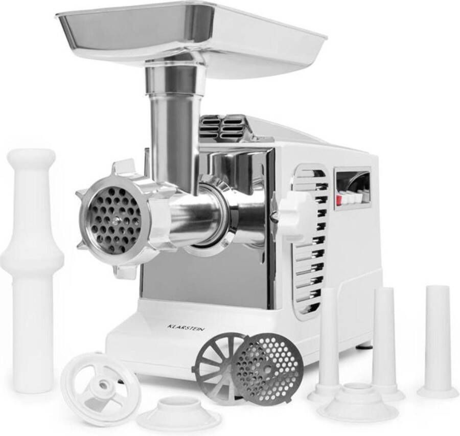 Klarstein Kraftprotz Elektrische Vleesmolen Vermogen: 700 Watt Vermogen: 1800 Watt Koperen Motor 2 Snelheden & terugloop Aluminium kom Roestvrijstalen mes Wit