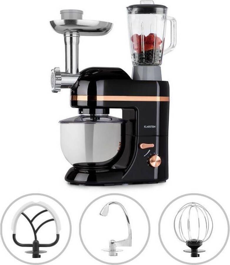 Klarstein Lucia Elegance Multifunctionele Keukenmachine Mixer & Vleesmolen 2000 W 6 Vermogensstanden Pulsefunctie 5 Liter RVS Kom 1 5 Liter Glazen Mixerkan Kneedhaak Deeghaak Garde Worst- Vlees- En Pastahulpstukken Zwart